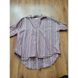 Madewell Women's V-Neck Multicolor Stipe Button-Back Courier Pullover Blouse Siz